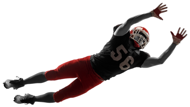 Dynamic image of young man, professional american football playing in motion, catching ball in jump isolated on transparent background. Concept of professional sport, competition, hobby, action