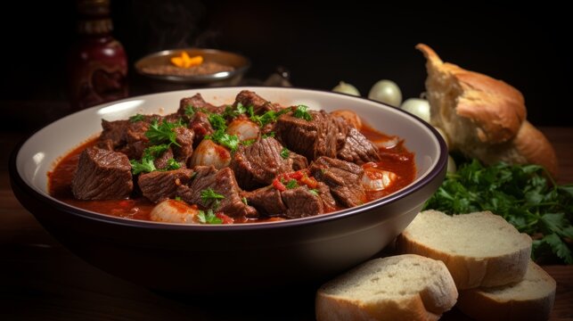 Traditional food photography - Bowl of beef goulash, on dark table (Generative Ai)