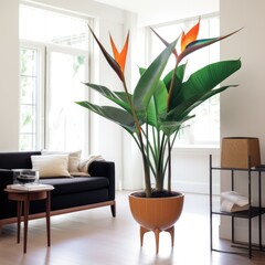 Bird of paradise plant and flower in living room, created using generative ai technology