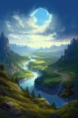 Landscape mountains and river, created using generative ai technology
