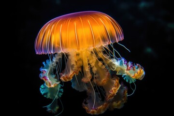 Close up of orange glowing jellyfish underwater, created using generative ai technology