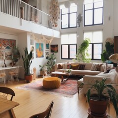 Fototapeta premium General view of modern loft apartment with large windows, created using generative ai technology