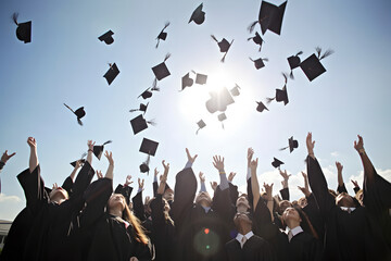 Students throwing graduation hats in the air celebrating. education concept with students celebrate success with hats and certificates - obrazy, fototapety, plakaty