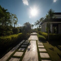 Modern villa in tropical garden on sunny day, created using generative ai technology