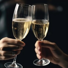 Hands holding two glasses of champagne on dark background, created using generative ai technology