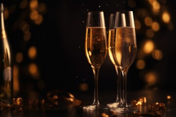 Close up of three glasses of champagne on dark background, created using generative ai technology