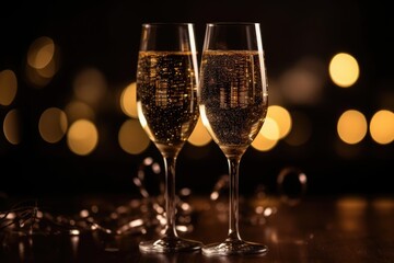 Two glasses of champagne with lights in background, created using generative ai technology