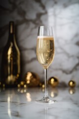 Close up of glass of champagne on grey background, created using generative ai technology