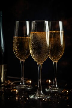 Close up of three glasses of champagne on dark background, created using generative ai technology