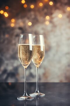 Two glasses of champagne with lights in background, created using generative ai technology