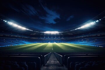Lit empty football stadium at night, created using generative ai technology