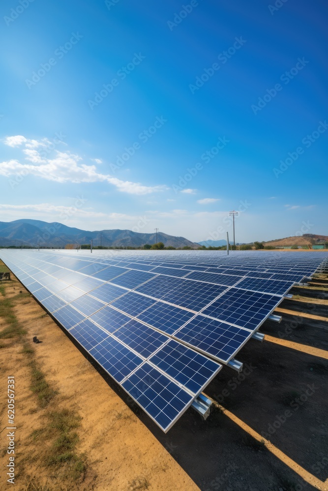 Wall mural solar panels on field and blue sky with clouds, created using generative ai technology