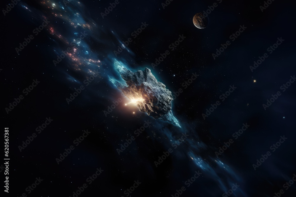 Wall mural comet in space with glowing light and stars, created using generative ai technology