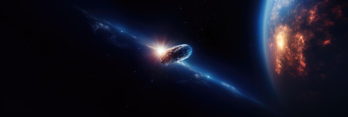Obraz premium Comet in space with glowing light and stars over earth, created using generative ai technology