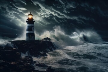 Fototapeta na wymiar Lighthouse and stormy seas at night, created using generative ai technology