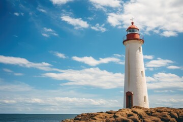 Fototapeta premium Lighthouse on rock and calm seas, created using generative ai technology