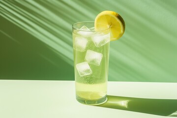 Glass of cold lemonade with lemon slice on green background, created using generative ai technology