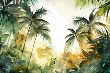 Tropical watercolor print with palm trees, sun, and jungle elements on a white background. Generative AI