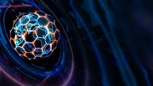 Quantum computer futuristic technology with digital hexagon and red blue laser animation cover and protection and earth map with latitude longitude scanning