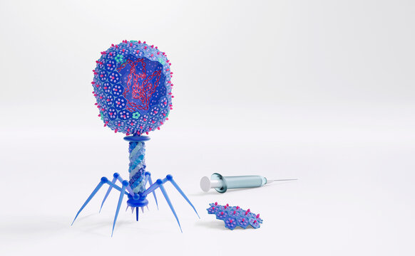 A Bacteriophage with DNA inside. In genetic engineering a genetically modified virus can be used for gene therapy or vaccinations. 3d conceptual illustration.