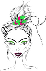 Girl with trendy light green eye arrows, bold makeup, extravagant fancy hat
