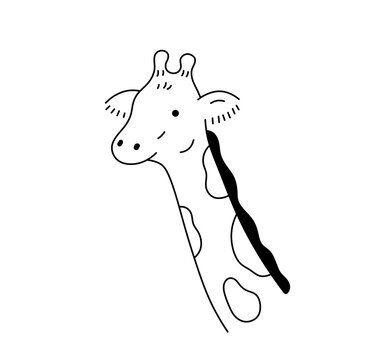 Vector isolated one single cute cartoon giraffe head with neck side view colorless black and white contour line easy drawing