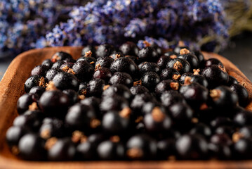 Blackcurrant with water drops. Surrounded by lavender flowers. Close-up with many small details. Wallpaper, great background.