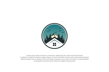 logo scenery house home vilage forest pine mountain environment beautiful landscape sky blue circle