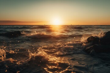 Fototapeta na wymiar The sun rises above the sea, evoking the concept of travel. Generative AI
