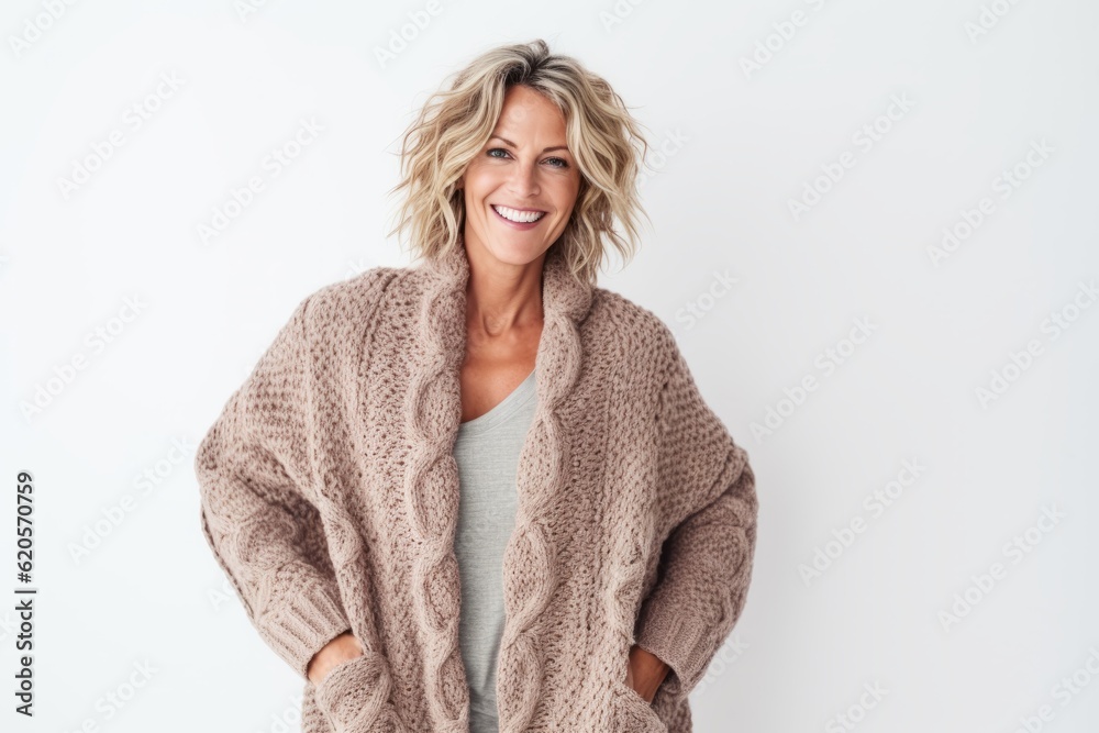 Wall mural Portrait of a beautiful woman in sweater smiling at camera over white background - Wall murals