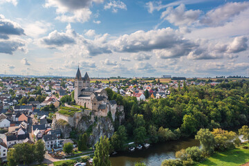 Fototapeta premium Bird's-eye view of the St. Lubentius Basilica in Dietkirchen/Germany on the Lahn
