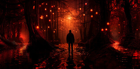 a man in the forest in the middle of glowing lanterns