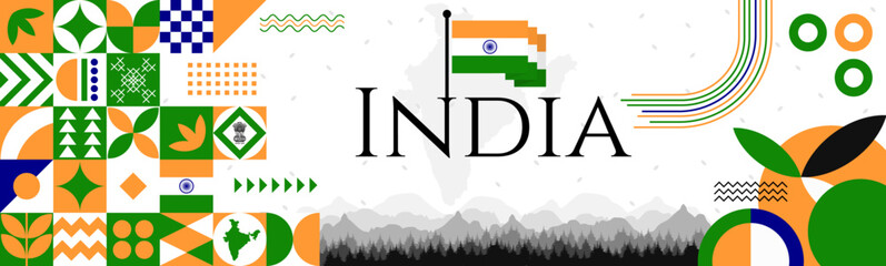 India Independence Day abstract banner design with flag and map. Flag color theme geometric pattern retro modern Illustration design. Orange, Blue and Green flag color template.