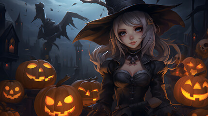 anime girl halloween witch with pumpkin