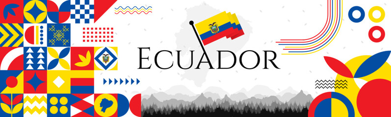 Obraz premium Ecuador Independence Day abstract banner design with flag and map. Flag color theme geometric pattern retro modern Illustration design. Yellow, Blue and Red flag color template.