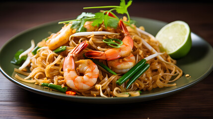 Pad thai kung fried noodles with shrimp Thailand national dish fresh street food plate decorated with beans, pepper, lime snd greenery. Hot spice dish dinner plate bowl.