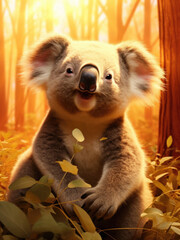 Cartoon koala in the summer eucalyptus forest on a sunny day