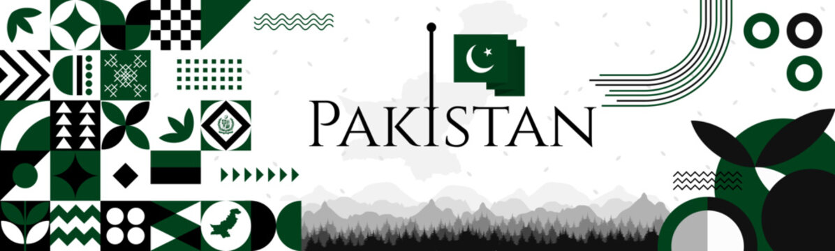 Pakistan Independence Day abstract banner design with flag and map. Flag color theme geometric pattern retro modern Illustration design. Green flag color template.