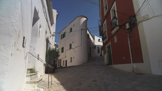 Colourful buildings in Dalt Vila, UNESCO World Heritage Site, oldest part of Ibiza Town, Ibiza, Balearic Islands, Spain