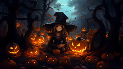 anime girl halloween witch with pumpkin