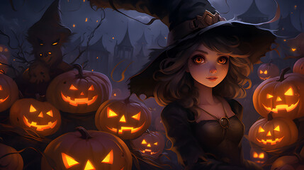 anime girl halloween witch with pumpkin