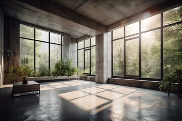 Concrete room with garden view & natural light. Polished floor, walls & ceiling, large window. Generative AI