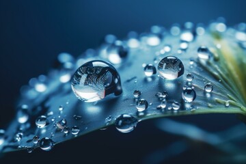 Dew drops on blue & white background. Macro wallpaper with space to write. Generative AI