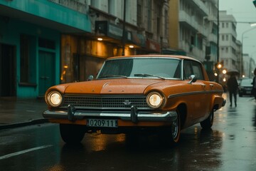 70s style Havana street w/ vehicle in orange & green. Generative AI