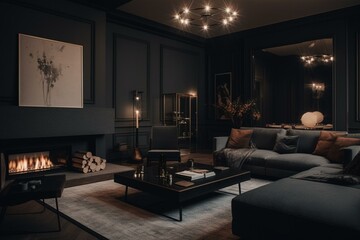 Modern, luxurious living room with cozy fireplace and a dark color scheme. Generative AI