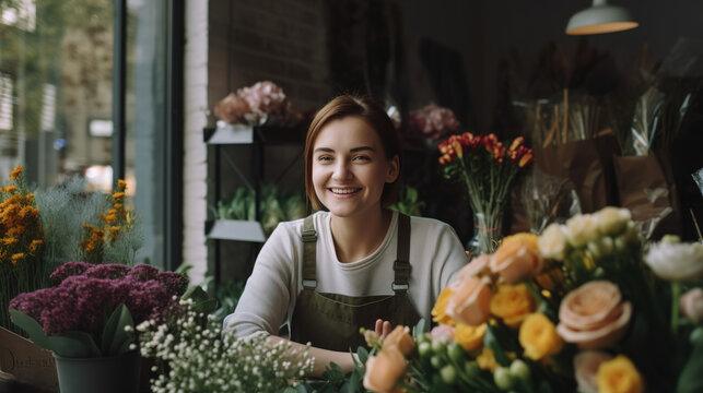 Florist in her shop full of flowers. Cheerful woman in her flower shop. ia generate