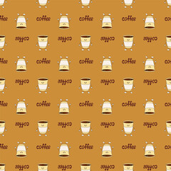 Pattern consisting of a coffee character, in a disposable cup and coffee lettering, on a brown background.Black coffee, retro, espresso, Americano, dessert, vector. Seamless pattern.