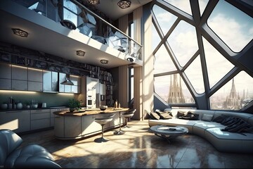 Interior of modern kitchen and living room with city view