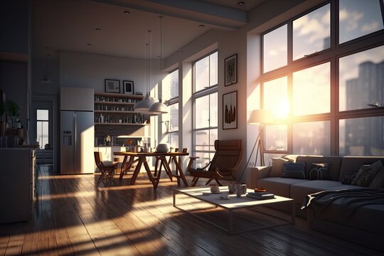 Interior of a spacious modern living room with sunset lighting