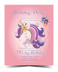 Cute unicorn invitation with flowers. Ready to print. Vector illustration	